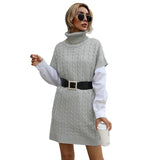 Women Knitted Sweater Autumn Knitted Long Vest High Collar Sweater Dress