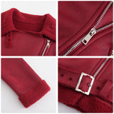 Red Leather Jacket Fall/Winter Suede Fabric Jacket Turn-down Collar Coat