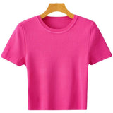 Women Sweater Knitwear Short Ice Silk Knitted Short Sleeve T-shirt