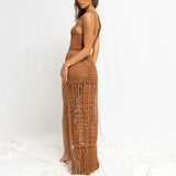 Women Knit Beach Cover Summer Hollow out Tied Tassel Beach Maxi Dress