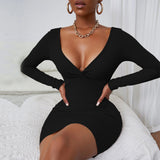 Women Dress Sexy V-neck Long Sleeve Tight Dress Hip Skirt