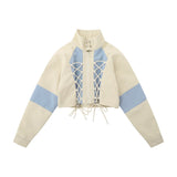 Women Jacket Short Coat Autumn Stand Collar Stitching Long Sleeve High Waist Jacket