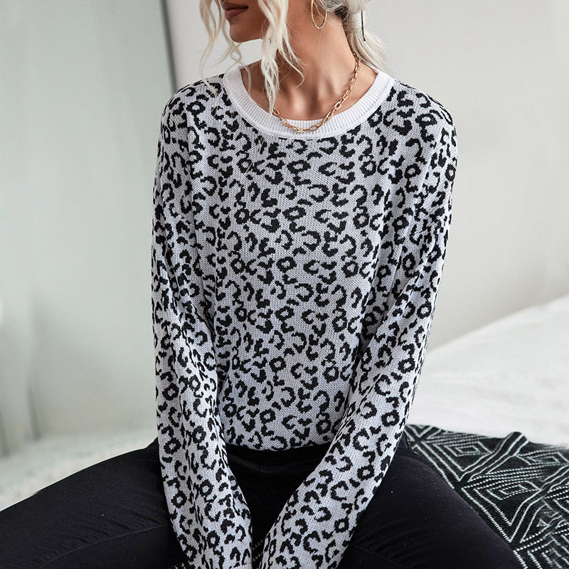 Women Knitted Sweater Casual Autumn Leopard Print Long Sleeve