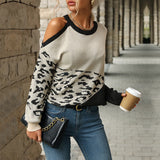 Women Knitted Sweater Fall Color-Blocking Long Sleeve Hollow out Sweater