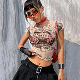 Women T-shirt Punk Floral Mesh Floral Print Casual Fitted Short T-shirt