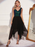 Women Evening Gown Sexy Retro Chiffon Stitching Green Sequins Dress