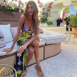 Women Dresses Autumn Printed Slim Fit Slit Backless Sling Dress