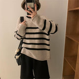 Women Knitted Pullover round Neck Striped Sweater Winter Loose Sweater Top