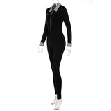 Women Jumpsuit Spring Lapel Zipper Slim Fit Long Sleeve Jumpsuit