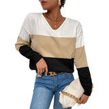 Women Knitted Sweater Autumn and Winter Leisure V-neck Top Color Matching Long Sleeve Sweater