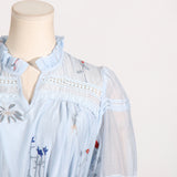 Women Dresses Spring Lantern Sleeve Embroidery Voile High Waist Dress (Qymy0409)