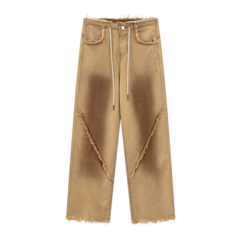 Men Jeans Retro Washed Raw Hem Jeans
