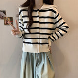 Women Knitwear Fall and Winter Lapels Striped Sweater Loose Knitted Cardigan