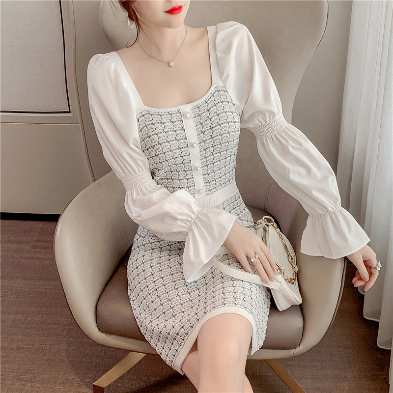Women Maxi Dress Spring and Autumn Retro Square Collar Long Sleeve Knitted Sheath Dress