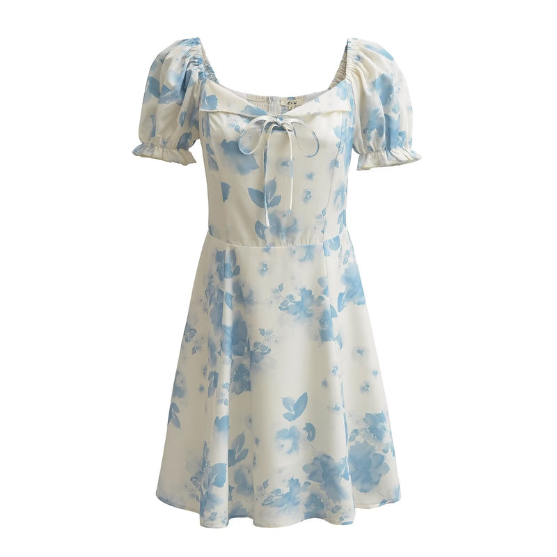 Women Dresses Summer Vintage Printed Dress Puff Sleeve Lace-up Skirt (Xds0414)