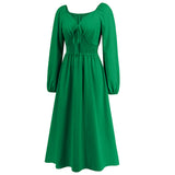 Women Date Dress Slim-Fit Long Sleeve V-neck Lace-up A- line Dress Lantern Sleeve Dress
