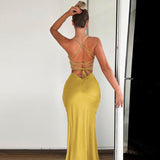 Women Dresses Spring Sexy V-neck Backless Self-Tie Slit Dress