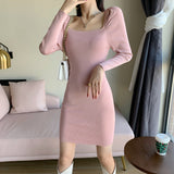 Women Maxi Dress Fall/Winter Square Collar Puff Sleeve Hip Knitwear Dress