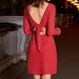 Women Dress round Neck Backless Bow Long Sleeve Short Dress