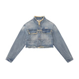 Women Jacket Short Frayed Hem Denim Jacket