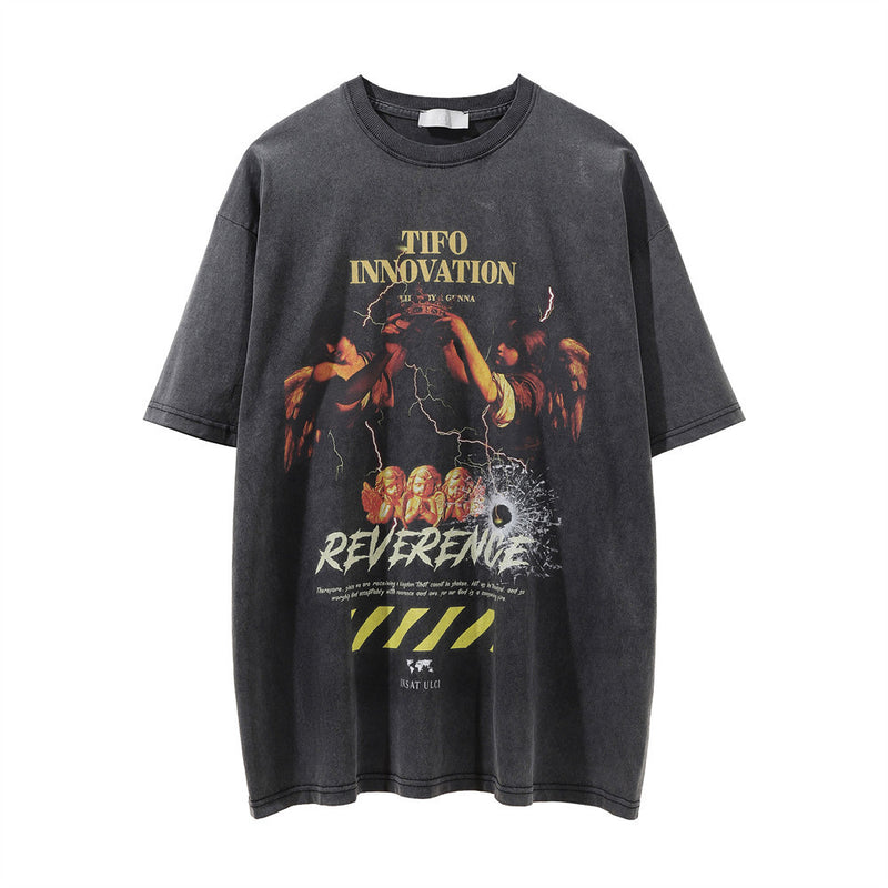 Men Vintage T-Shirt Printed Men's Short Sleeve Street Distressed Crew Neck T-shirt Summer Loose