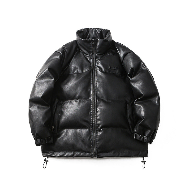 Unisex Winter Cotton Coat Letter Printed Stand-up Collar Cotton-Padded Clothes PU Leather Cotton-Padded Jacket