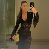 Women Dresses Sexy Lace Pattern Slim-Fit Long Sleeve Dress