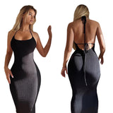 Women Dresses Sling Backless Lace up Long Slim Fit Dress (Bla0420)