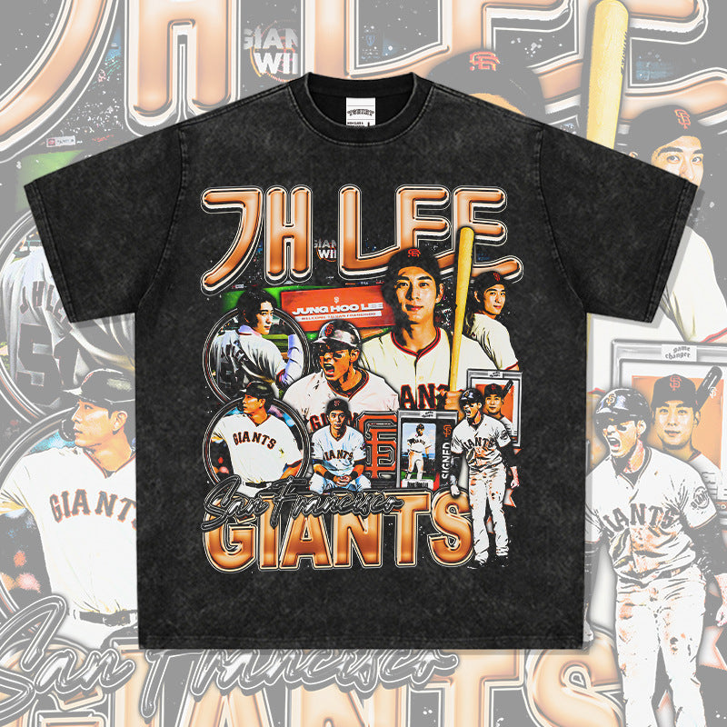 Mens Vintage baseball T-Shirt Jung Hoo Lee Printed Short Sleeve T-Shirt Vintage Loose