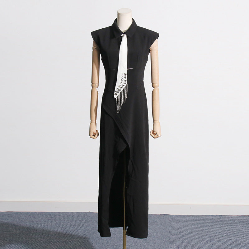 Women Dresses Summer Lapels Pierced Black Dress Tie Slim Fit Long Dress (Qymy0409)