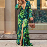 Robe Bridgerton Autumn Sexy Long Sleeve Printed V-neck Split Long Dress