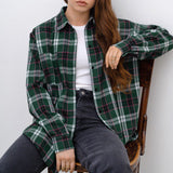 Women Trench Coat Winter Retro Plaid Long Sleeve Shirt Loose Casual Shirt