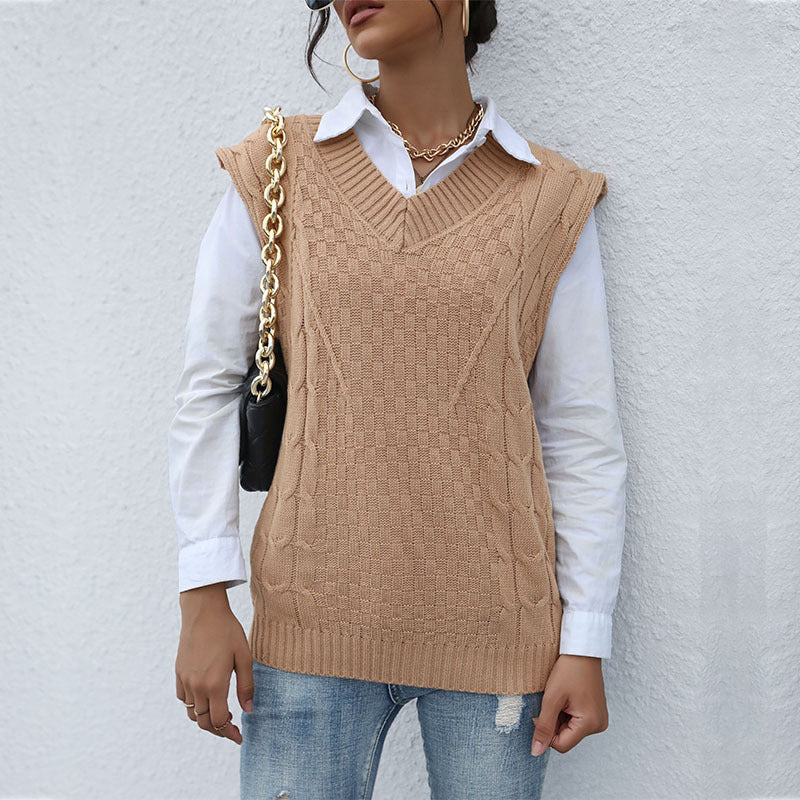 Women Knitted Sweater Autumn Knitted Solid Color Cable-Knit Sweater Vest
