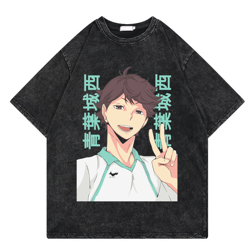 Washed retro T-shirt cartoon printed casual cotton short sleeves