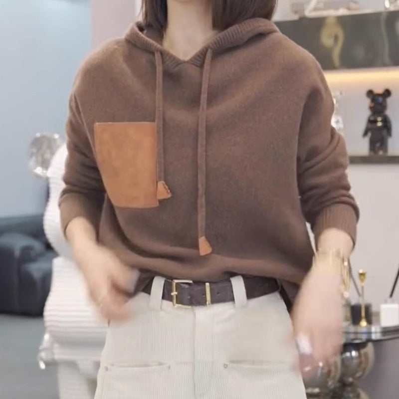 Women Knitted Pullover Loose Hooded Sweatshirt