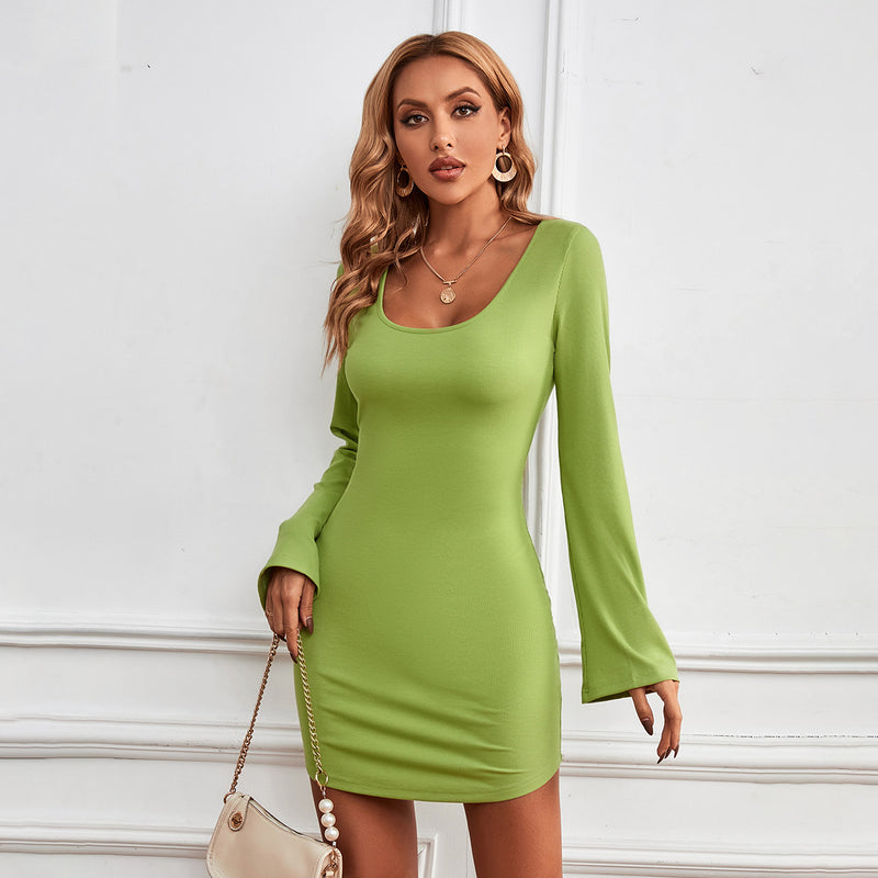 Women Dress Spring/Summer Backless Sheath Sexy Short Skirt Bell Sleeve Knitted Party Dress