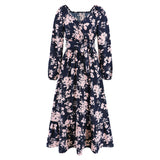 Women Date Dress Autumn Winter Sexy Long Sleeve V-neck Lantern Sleeve Backless Floral Long Tie Dress