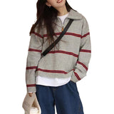 Women Knitted Pullover Vintage Stripe Lapel Pullover Autumn and Winter Loose Top