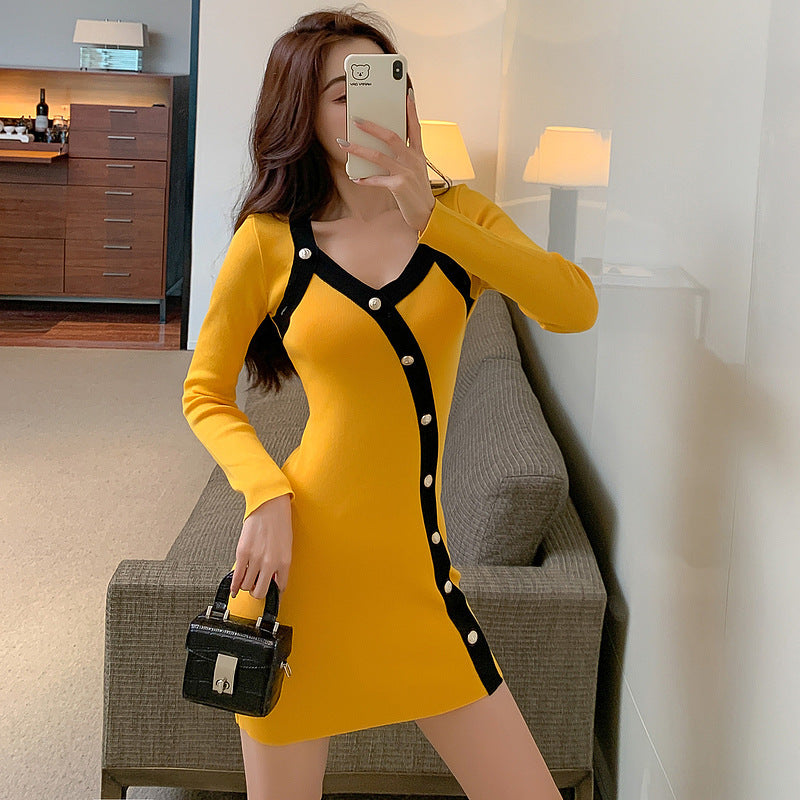 Women Maxi Dress Autumn Winter Retro Single-Breasted Long Sleeve Hip Knitwear Dress
