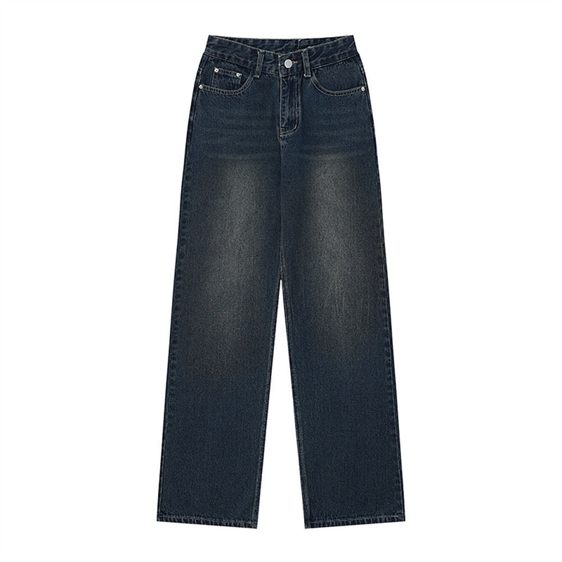 Women Pants Fastener Decoration Straight Jeans Women Loose Wide Leg Pants Retro Trousers