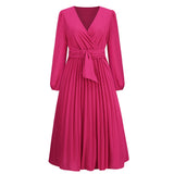 Women Date Dress Sexy V-neck Bubble Lantern Sleeve Pleated Skirt
