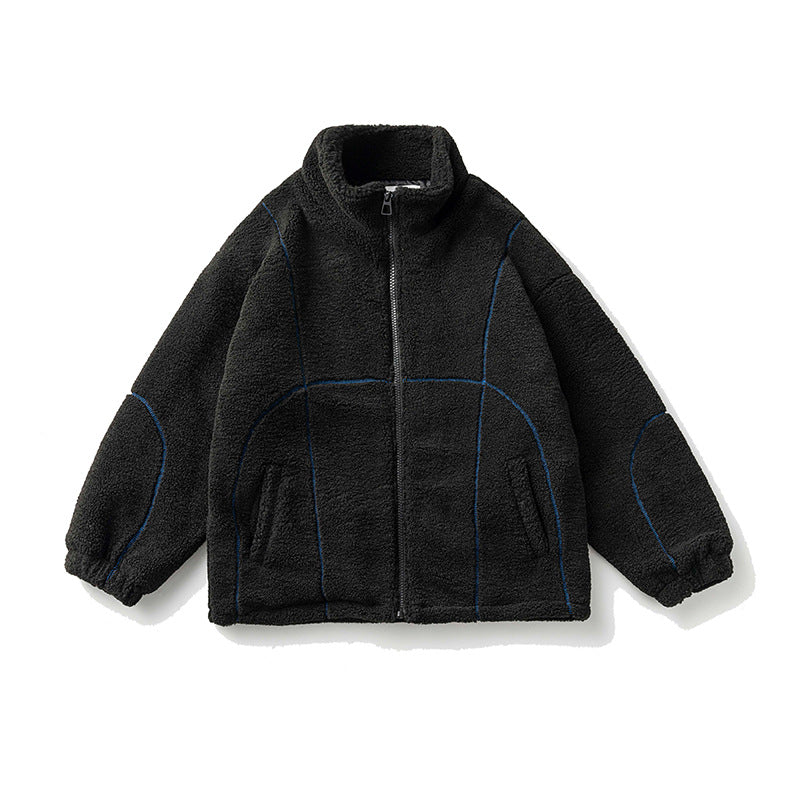 Unisex Winter Cotton Line Embroidered Stand Collar Cotton Coat Vintage Polar Fleece Loose Cotton Coat