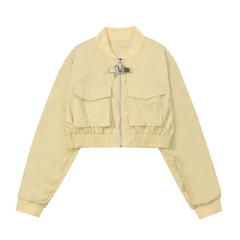 Women Jacket Autumn Stand Collar Long Sleeve Waist Trimming Short Coat