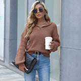Women Knitted Sweater Autumn Short Solid Color Polo Collar