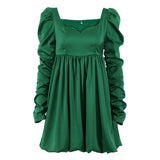 Women Dress Green Satin Waist Princess Dress Women Elegant Puff Sleeve Dress