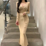 Women Dresses V-neck Cross Lace-up Dress