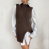 Women Knitted Sweater Autumn Split Solid Color Mid-Length Vest Sweater