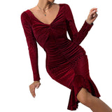 Women Dress Sexy V-neck Velvet Slim Fit Hip Skirt
