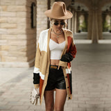 Women Knitted Sweater Fall Colorblock Sweater Coat
