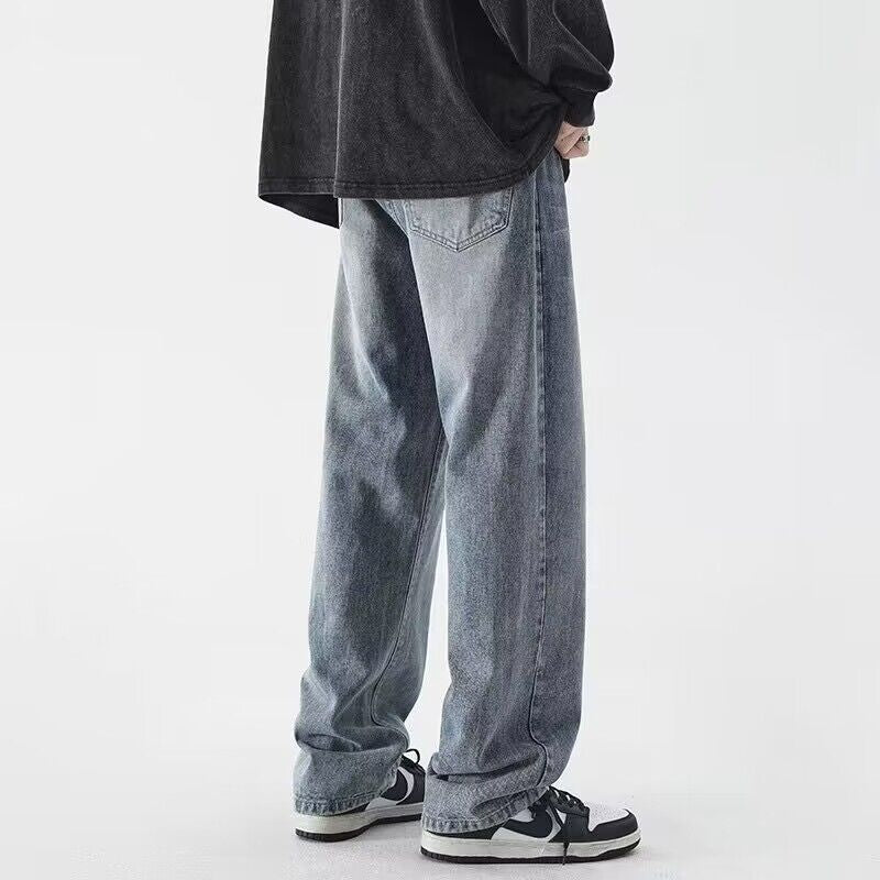 Men Jeans Summer Washed Old Straight Loose-Fitting Wide-Leg Trousers